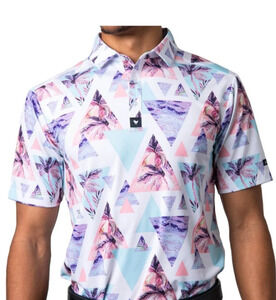 Bad Birdie Mens L PurpleGeometric Hawaiian Print ShortSleeve Golf Polo Shirt